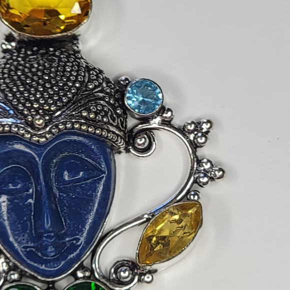 Sterling Silver Pendant with Blue Carved Face, Citrine, and Multi-Gem Accents - Picture 9 of 15